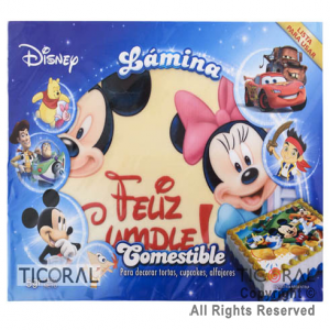 LAMINA COMESTIBLE MICKEY VARIOS MODELOS P/TORTAS 27CM x 21CM x 1